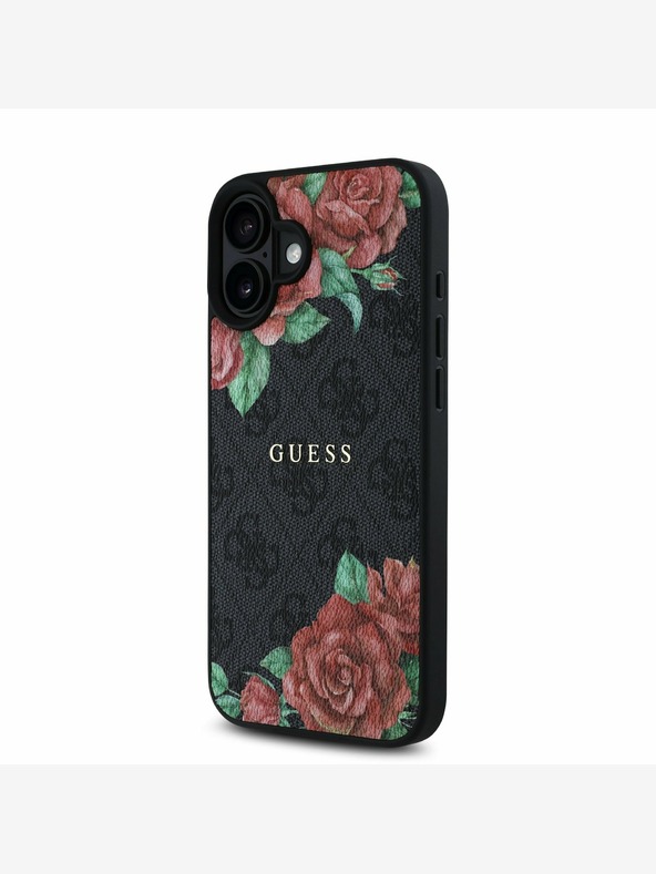 Guess Guess PU δέρμα 4G Roses MagSafe πίσω κάλυμμα για iPhone 16 Μαύρο