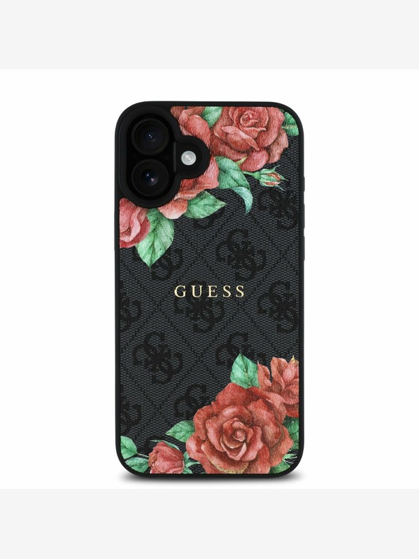 Guess Guess PU δέρμα 4G Roses MagSafe πίσω κάλυμμα για iPhone 16 Μαύρο