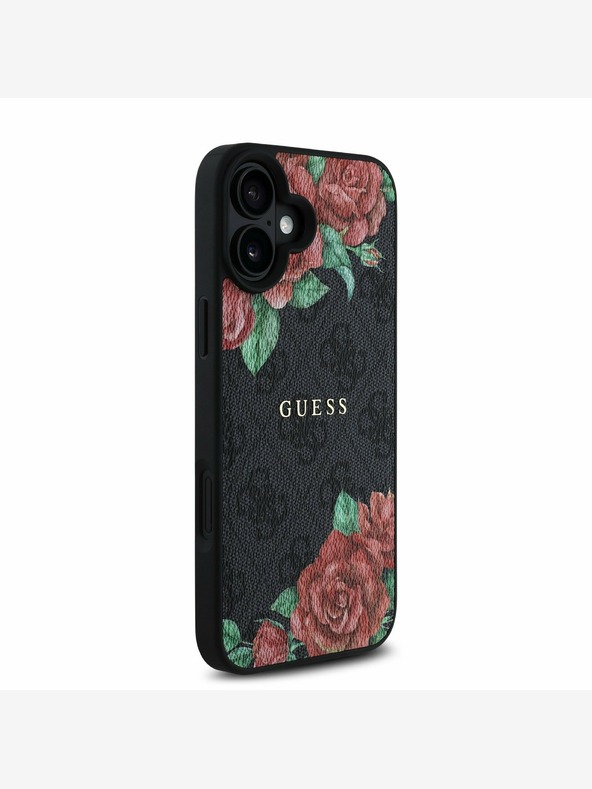 Guess Guess PU δέρμα 4G Roses MagSafe πίσω κάλυμμα για iPhone 16 Μαύρο