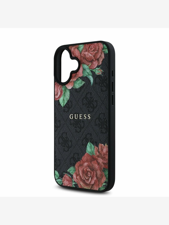 Guess Guess PU δέρμα 4G Roses MagSafe πίσω κάλυμμα για iPhone 16 Μαύρο