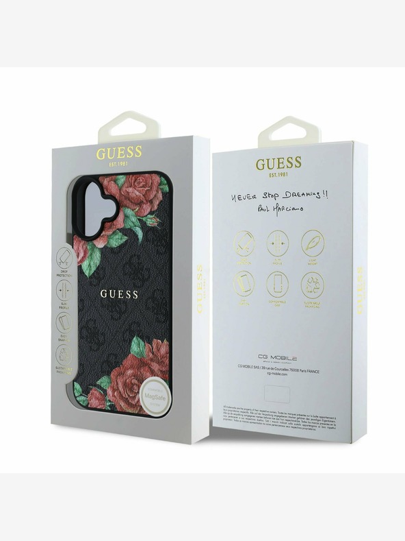 Guess Guess PU δέρμα 4G Roses MagSafe πίσω κάλυμμα για iPhone 16 Μαύρο