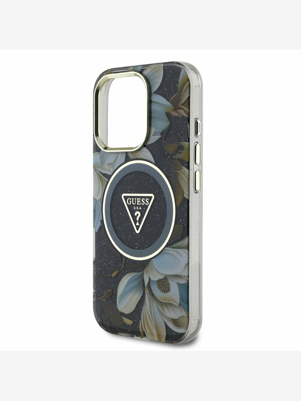 Guess Guess IML Glitter Magnolia και Triangle Logo MagSafe Back Cover για iPhone 16 Pro Μαύρο