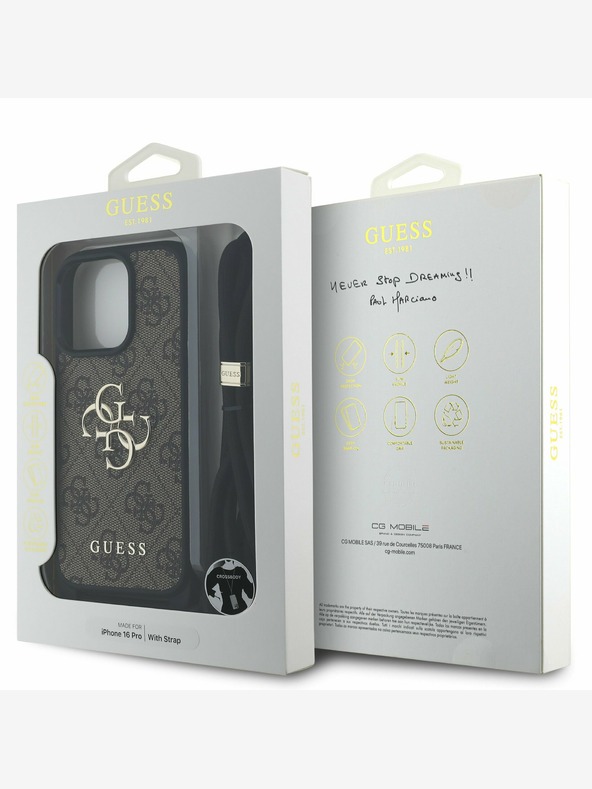 Guess Guess PU PU PU 4G Μεταλλικό λογότυπο με λουράκι στο πίσω μέρος για iPhone 16 Pro Brown