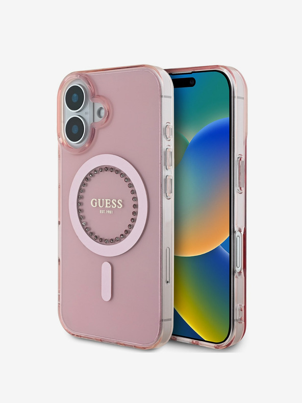 Guess Guess IML Rhinestones Ring MagSafe Back Cover για iPhone 16 Ροζ