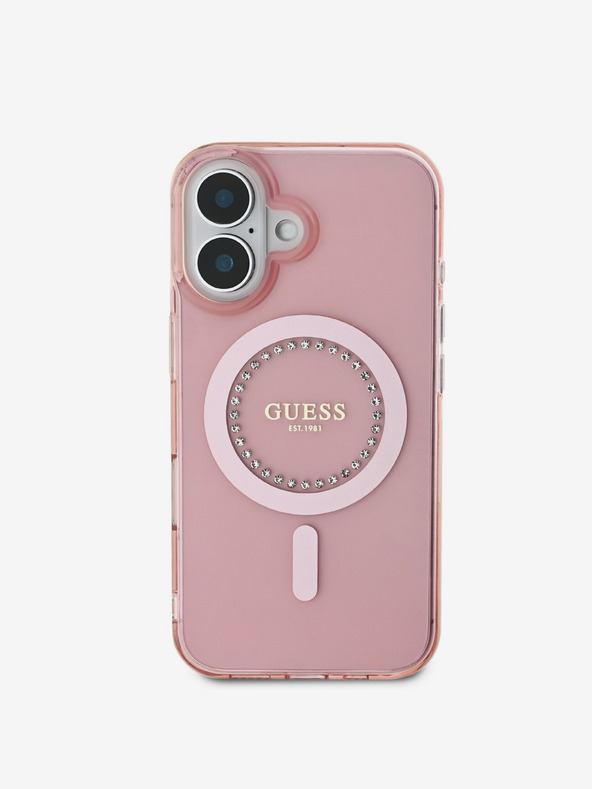 Guess Guess IML Rhinestones Ring MagSafe Back Cover για iPhone 16 Ροζ