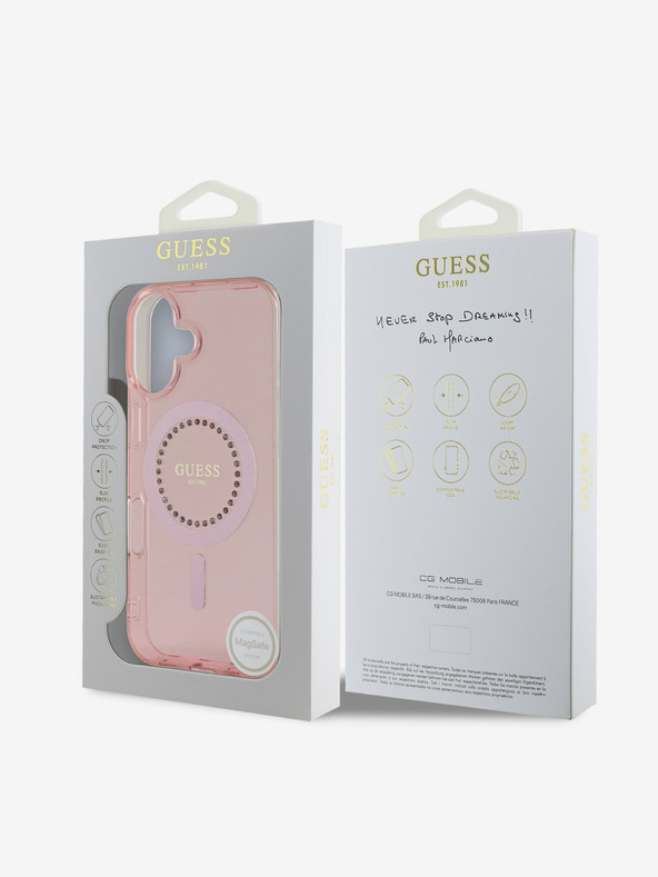 Guess Guess IML Rhinestones Ring MagSafe Back Cover για iPhone 16 Ροζ