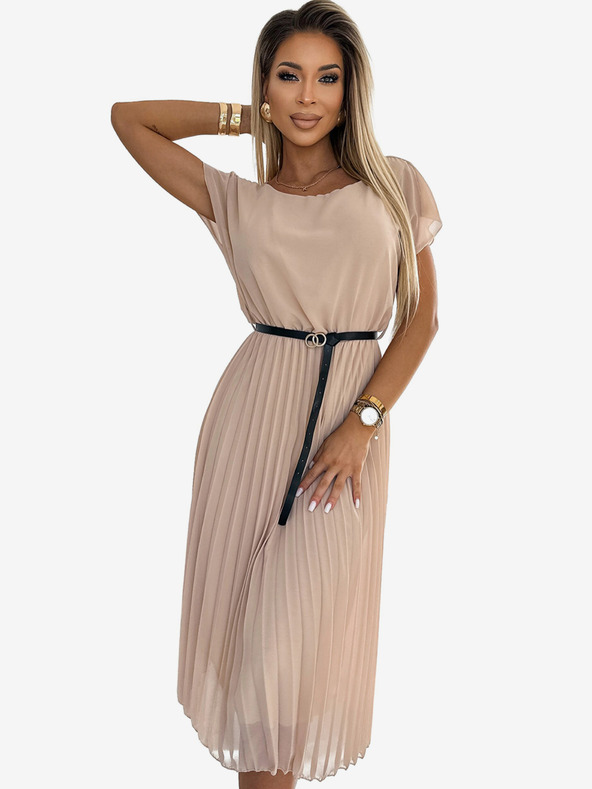 numoco Πλισέ μίντι φόρεμα με μαύρη ζώνη - μπεζ Numoco