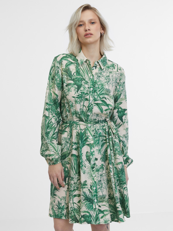 Orsay Πράσινο και μπεζ γυναικείο πουκάμισο φόρεμα ORSAY