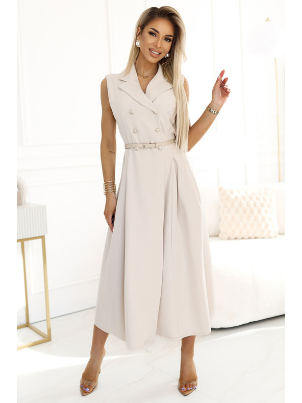 numoco Κομψό μίντι φόρεμα πουκάμισο με χρυσά κουμπιά και ζώνη - μπεζ Numoco