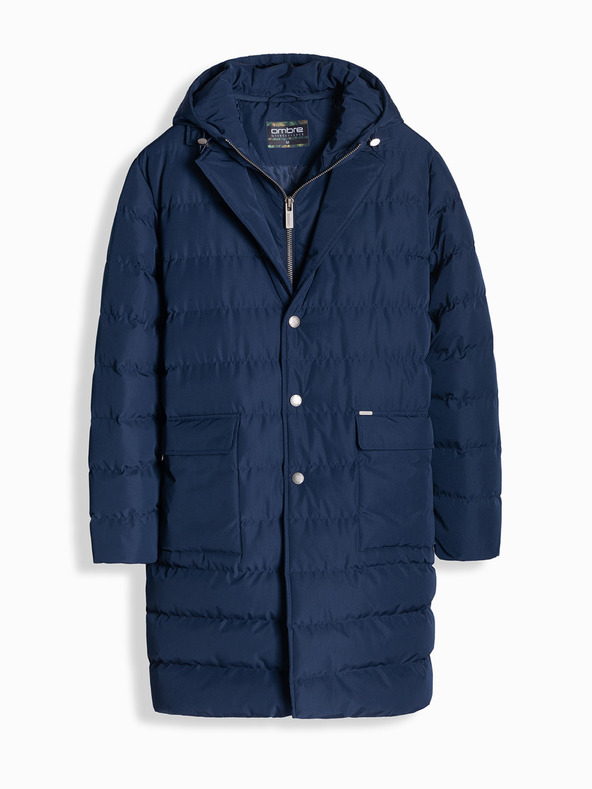 Ombre Clothing Ανδρικό μακρύ καπιτονέ μπουφάν με πέτο και επένδυση σκούρο μπλε Ombre Clothing