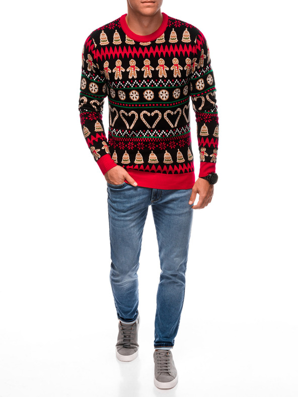 Edoti Ανδρικό χριστουγεννιάτικο πουλόβερ με νορβηγικό μελομακάρονο μαύρο και καφέ EDOTI
