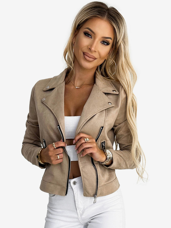numoco Μπεζ γυναικείο σακάκι από σουέτ με μακριά μανίκια και φερμουάρ Numoco