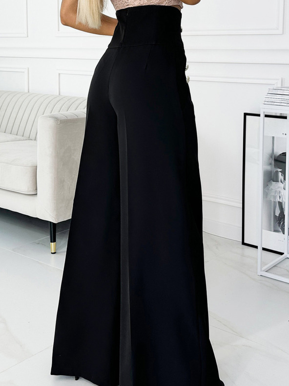 numoco Μαύρο γυναικείο κομψό ψηλόμεσο παντελόνι με φαρδιά πόδια και χρυσά κουμπιά Numoco