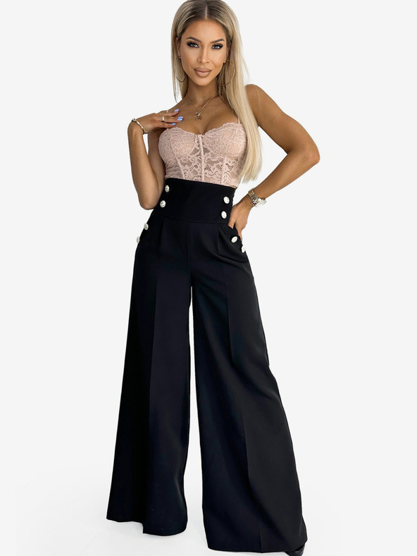 numoco Μαύρο γυναικείο κομψό ψηλόμεσο παντελόνι με φαρδιά πόδια και χρυσά κουμπιά Numoco