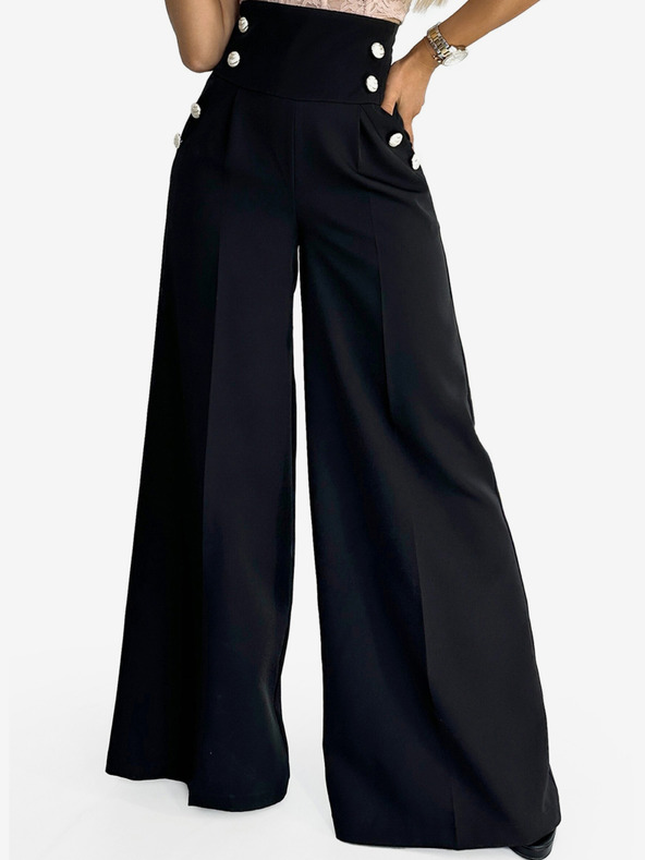 numoco Μαύρο γυναικείο κομψό ψηλόμεσο παντελόνι με φαρδιά πόδια και χρυσά κουμπιά Numoco