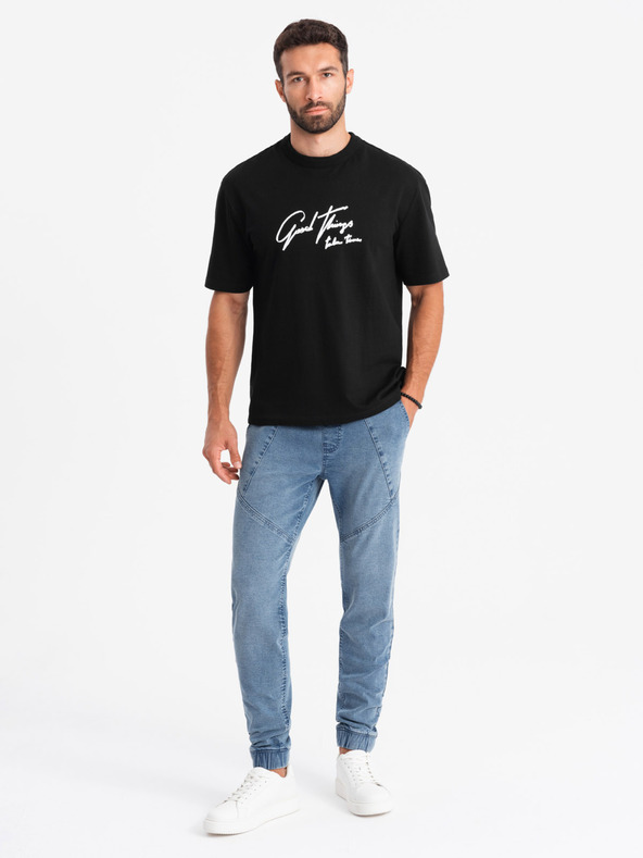 Ombre Clothing Ανδρικό τζιν παντελόνι με ασύμμετρες ραφές μπλε Ombre Clothing