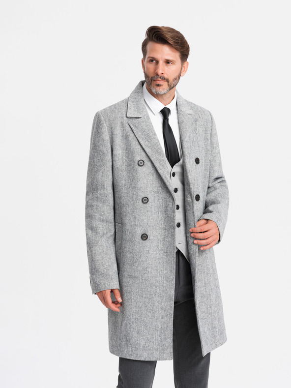 Ombre Clothing Κομψό ανδρικό παλτό ψαροκόκαλο με διπλό στήθος γκρι Ombre Clothing