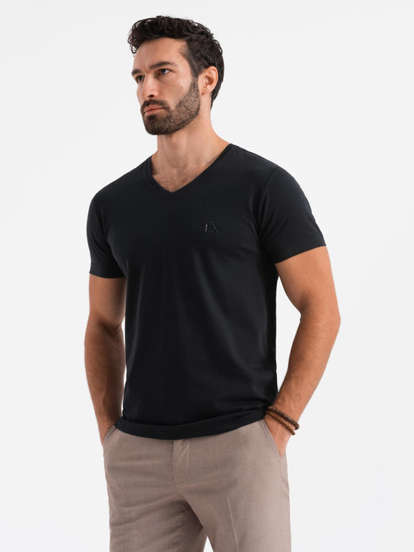 Ombre Clothing Ανδρικό μπλουζάκι SLIM FIT V-neck με ελαστάν και εκτύπωση μαύρο Ombre Clothing