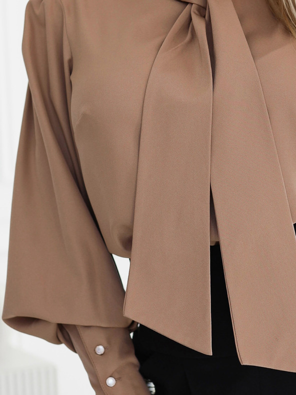 numoco Καφέ γυναικεία μακρυμάνικη μπλούζα με γραβάτα και κουμπιά Numoco