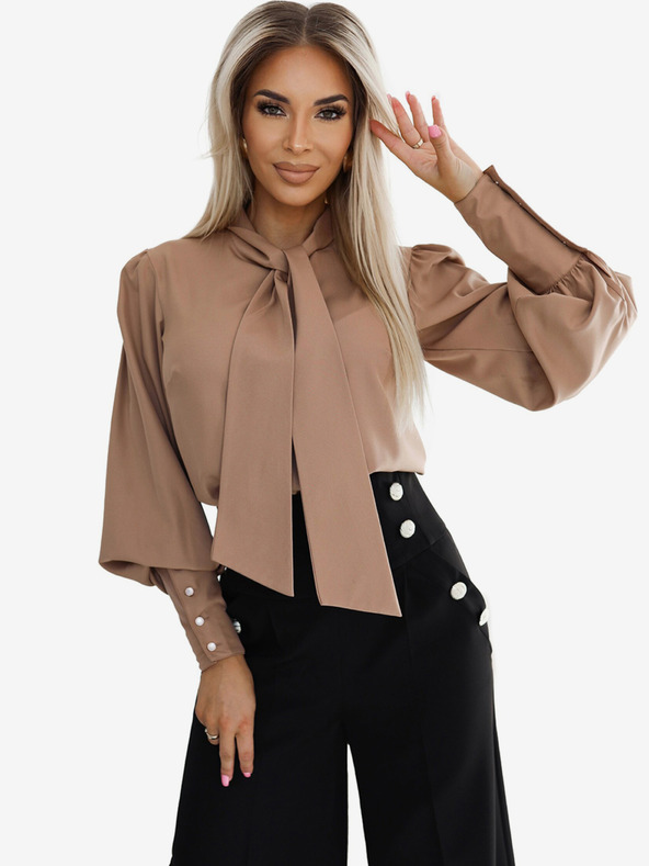 numoco Καφέ γυναικεία μακρυμάνικη μπλούζα με γραβάτα και κουμπιά Numoco