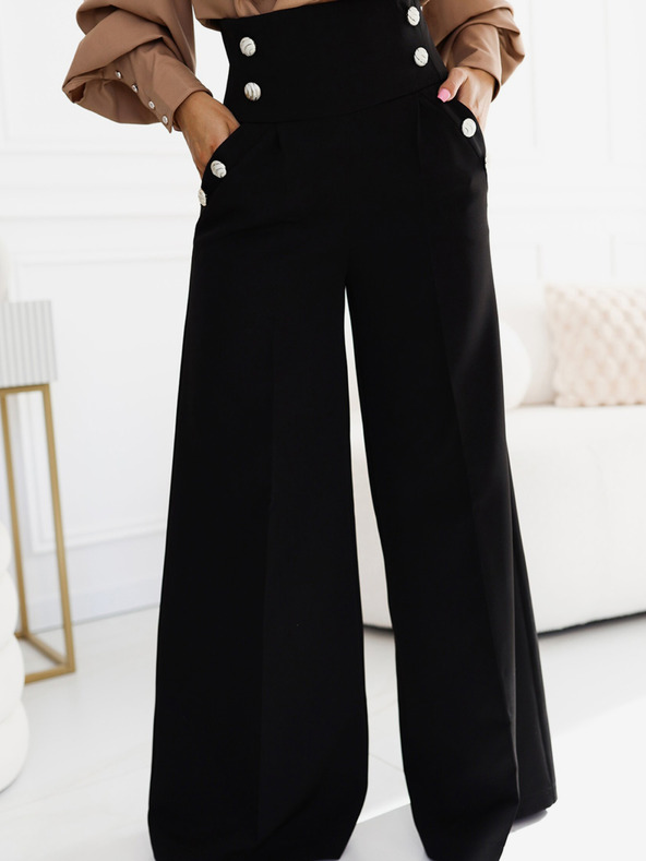 numoco Μαύρο γυναικείο κομψό ψηλόμεσο παντελόνι με φαρδιά πόδια και χρυσά κουμπιά Numoco