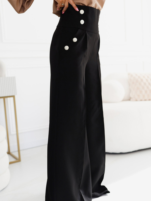 numoco Μαύρο γυναικείο κομψό ψηλόμεσο παντελόνι με φαρδιά πόδια και χρυσά κουμπιά Numoco