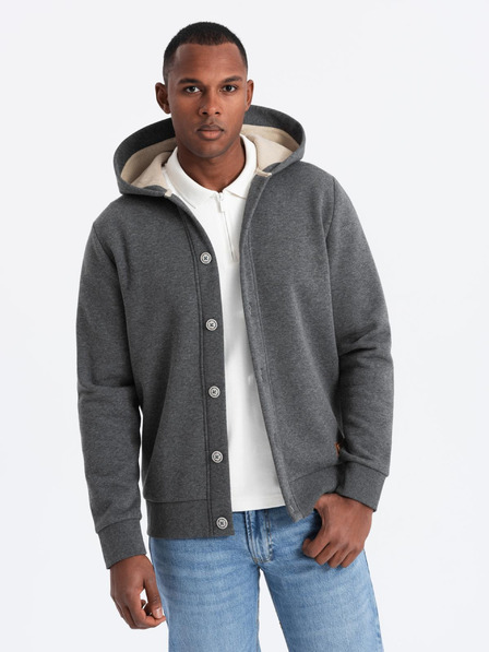 Ombre Clothing Ανδρικό φούτερ με κουμπιά με κουκούλα - γραφίτης μελανζέ V4 OM-SSZP-0186 Ombre Clothing