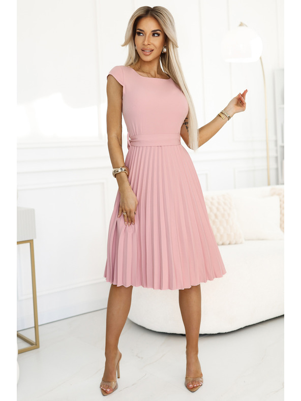 numoco Κλασικό φόρεμα με ζώνη και κοντό μανίκι με ζώνη - ροζ σε σκόνη