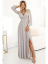 numoco NELA Λαμπερό μακρύ φόρεμα με λαιμόκοψη, μακριά μανίκια και σκίσιμο στο πόδι Numoco