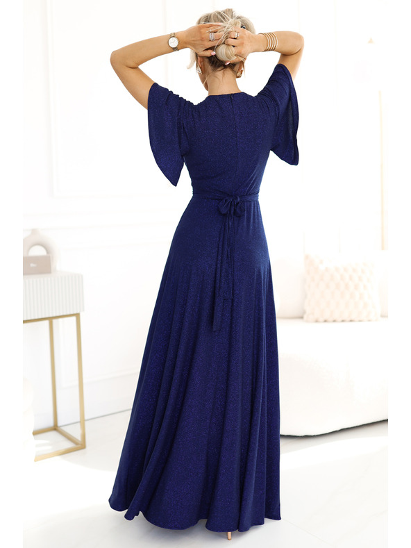 numoco Λαμπερό μακρυμάνικο φόρεμα με λαιμόκοψη - σκούρο μπλε με glitter Numoco