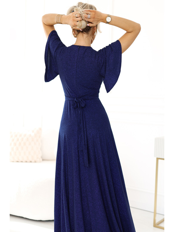 numoco Λαμπερό μακρυμάνικο φόρεμα με λαιμόκοψη - σκούρο μπλε με glitter Numoco