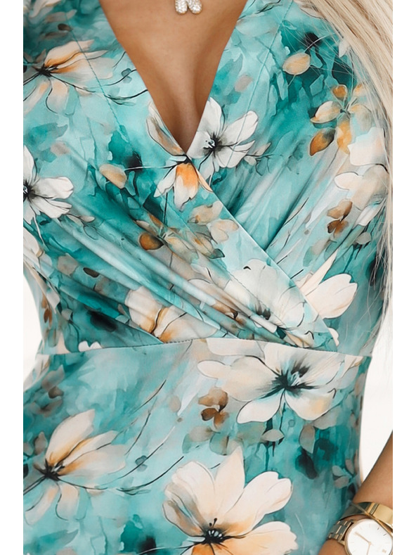 numoco Φόρεμα εφαρμοστό με λαιμόκοψη σε σχήμα μολυβιού - μπεζ λουλούδια σε τυρκουάζ φόντο Numoco