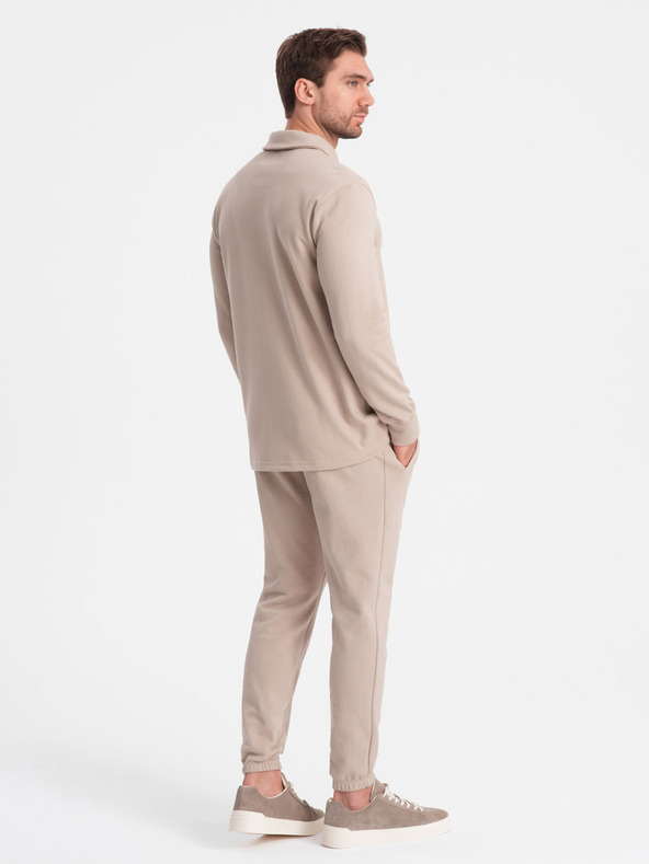 Ombre Clothing Μπεζ ανδρική φόρμα φούτερ πόλο με γιακά + παντελόνι Ombre Clothing