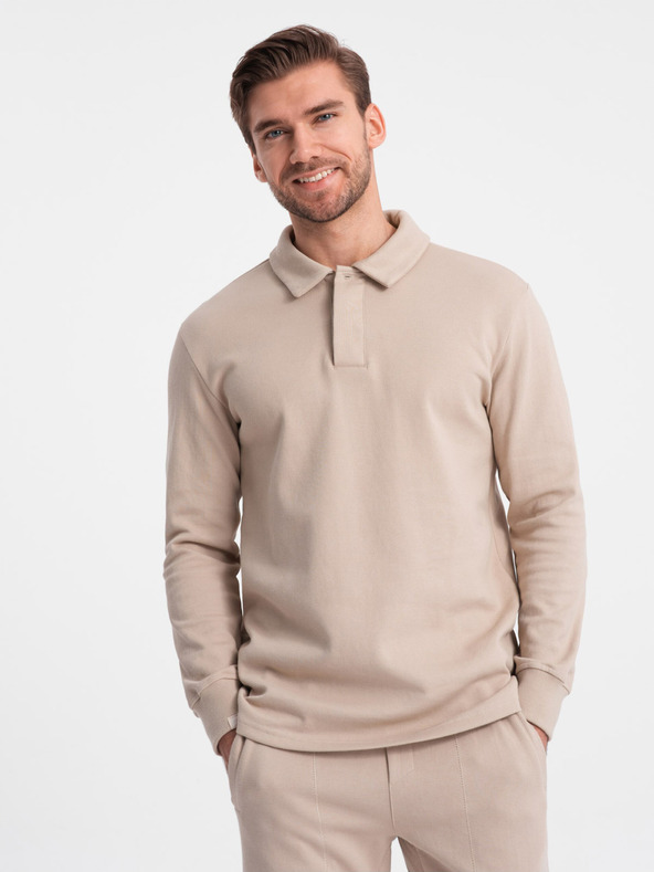 Ombre Clothing Μπεζ ανδρική φόρμα φούτερ πόλο με γιακά + παντελόνι Ombre Clothing