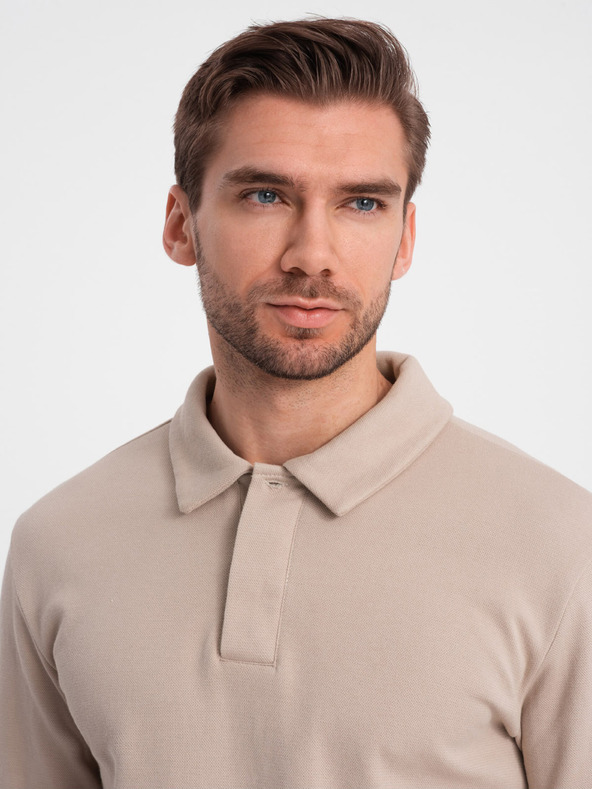 Ombre Clothing Μπεζ ανδρική φόρμα φούτερ πόλο με γιακά + παντελόνι Ombre Clothing