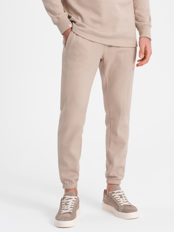 Ombre Clothing Μπεζ ανδρική φόρμα φούτερ πόλο με γιακά + παντελόνι Ombre Clothing