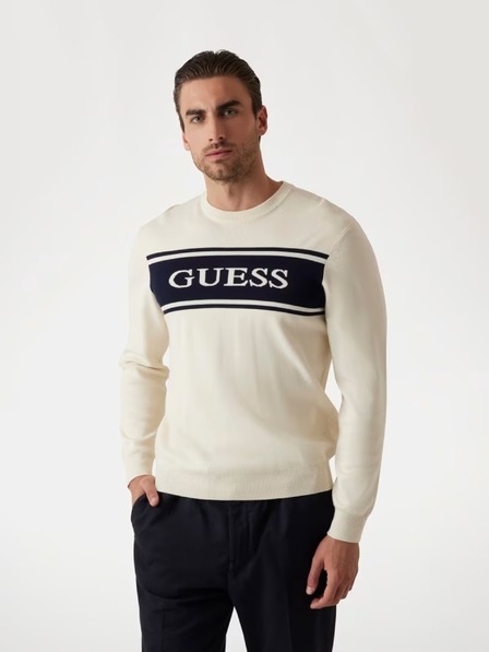 Guess Jeans Ανδρικό λευκό πουλόβερ με ρίγες Guess jeans