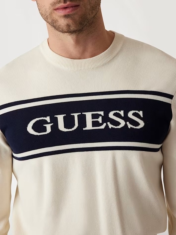 Guess Jeans Ανδρικό λευκό πουλόβερ με ρίγες Guess jeans