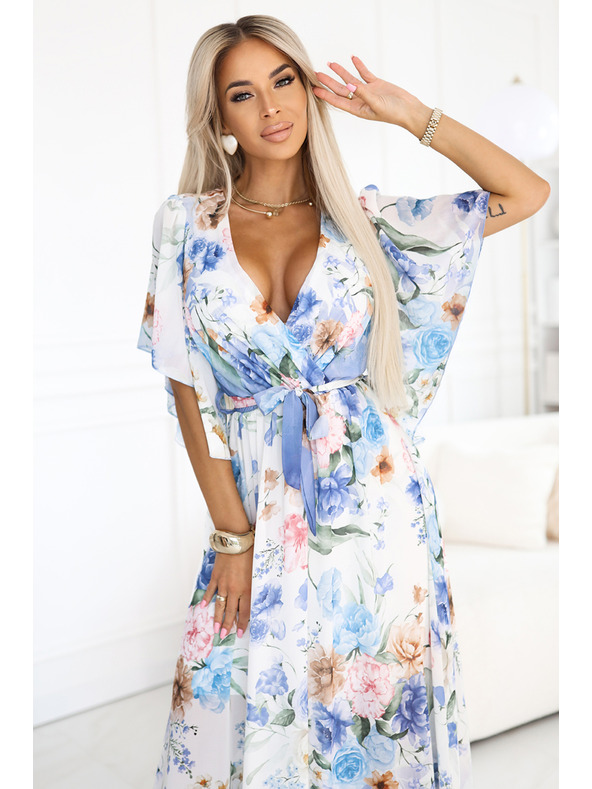 numoco Αέρινο μεταξωτό φόρεμα maxi με λουλουδάτο μοτίβο μπλε τριαντάφυλλα