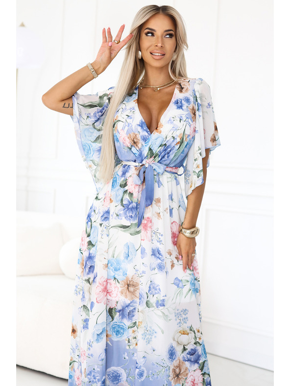 numoco Αέρινο μεταξωτό φόρεμα maxi με λουλουδάτο μοτίβο μπλε τριαντάφυλλα