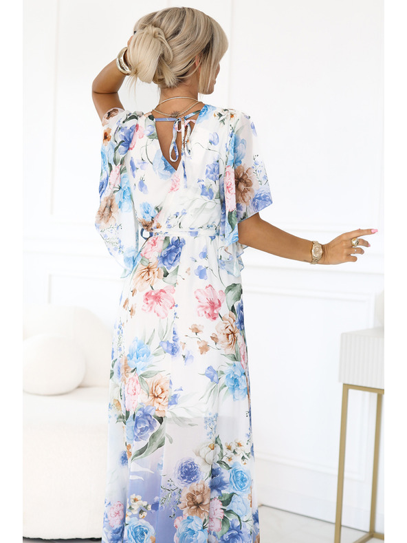 numoco Αέρινο μεταξωτό φόρεμα maxi με λουλουδάτο μοτίβο μπλε τριαντάφυλλα