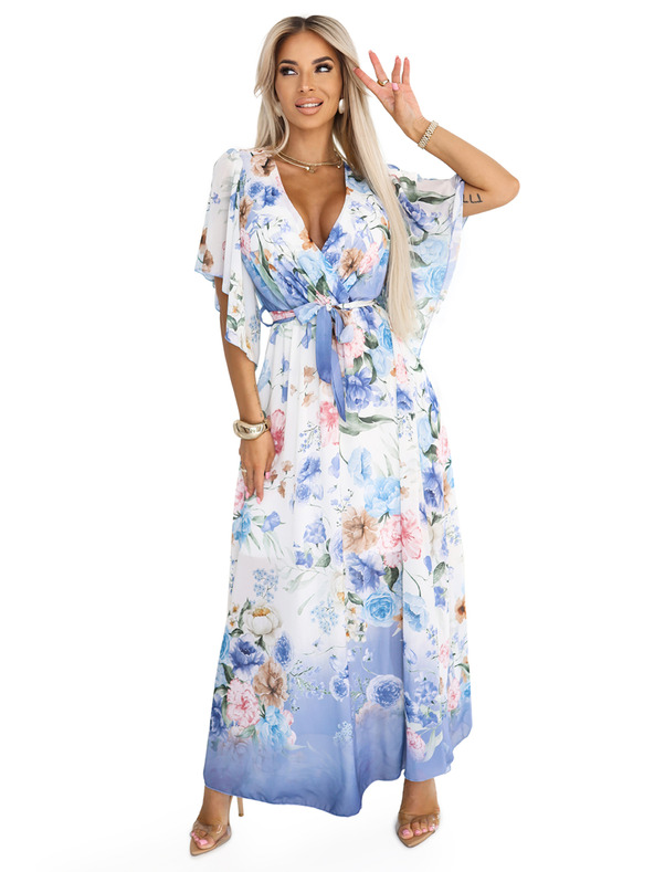 numoco Αέρινο μεταξωτό φόρεμα maxi με λουλουδάτο μοτίβο μπλε τριαντάφυλλα