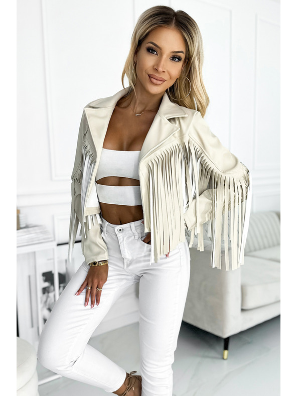 numoco Κοντό μπεζ μπουφάν με κρόσσια από απαλό οικολογικό δέρμα