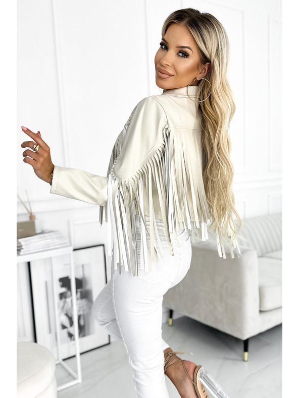 numoco Κοντό μπεζ μπουφάν με κρόσσια από απαλό οικολογικό δέρμα