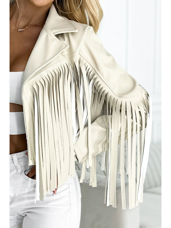 numoco Κοντό μπεζ μπουφάν με κρόσσια από απαλό οικολογικό δέρμα