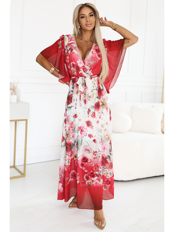 numoco Ελαφρύ κρουαζέ μάξι φόρεμα με φλοράλ μοτίβο κόκκινα τριαντάφυλλα