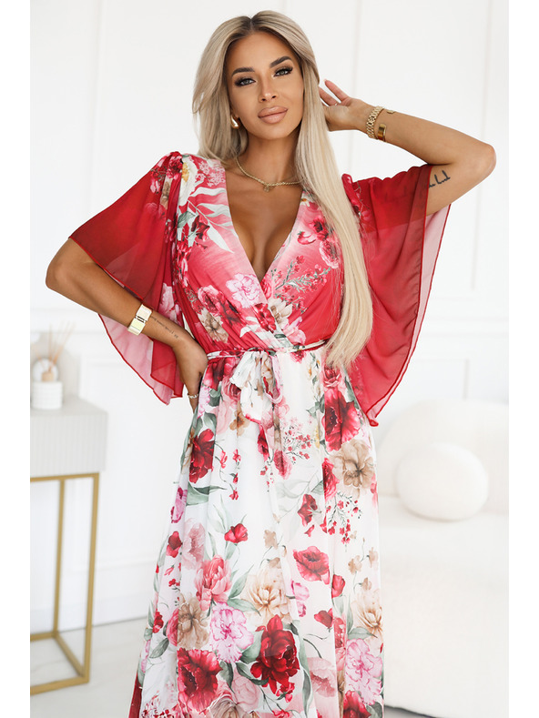 numoco Ελαφρύ κρουαζέ μάξι φόρεμα με φλοράλ μοτίβο κόκκινα τριαντάφυλλα