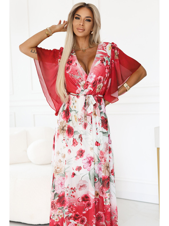 numoco Ελαφρύ κρουαζέ μάξι φόρεμα με φλοράλ μοτίβο κόκκινα τριαντάφυλλα