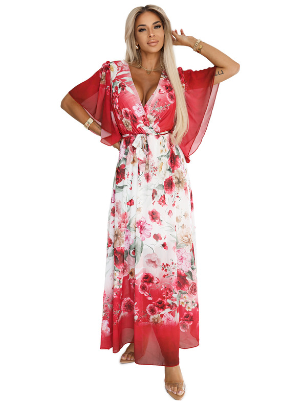 numoco Ελαφρύ κρουαζέ μάξι φόρεμα με φλοράλ μοτίβο κόκκινα τριαντάφυλλα
