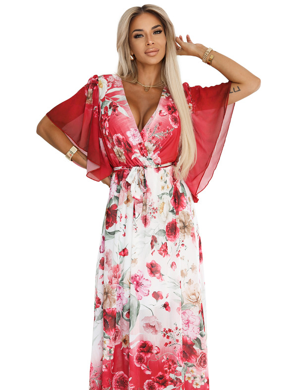 numoco Ελαφρύ κρουαζέ μάξι φόρεμα με φλοράλ μοτίβο κόκκινα τριαντάφυλλα